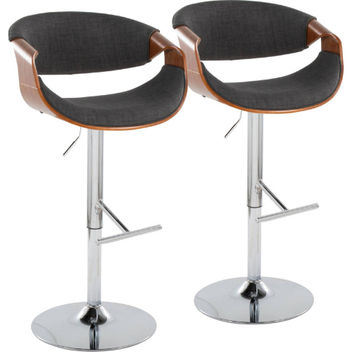 Curvo Adjustable Swivel Bar Stool in Chrome, Walnut Wood & Charcoal Fabric (Set of 2)